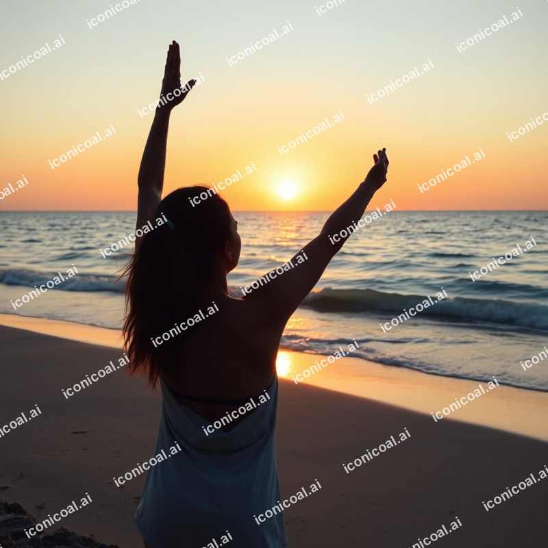 Woman Practicing Yoga At Sunrise Beach Peaceful Meditation