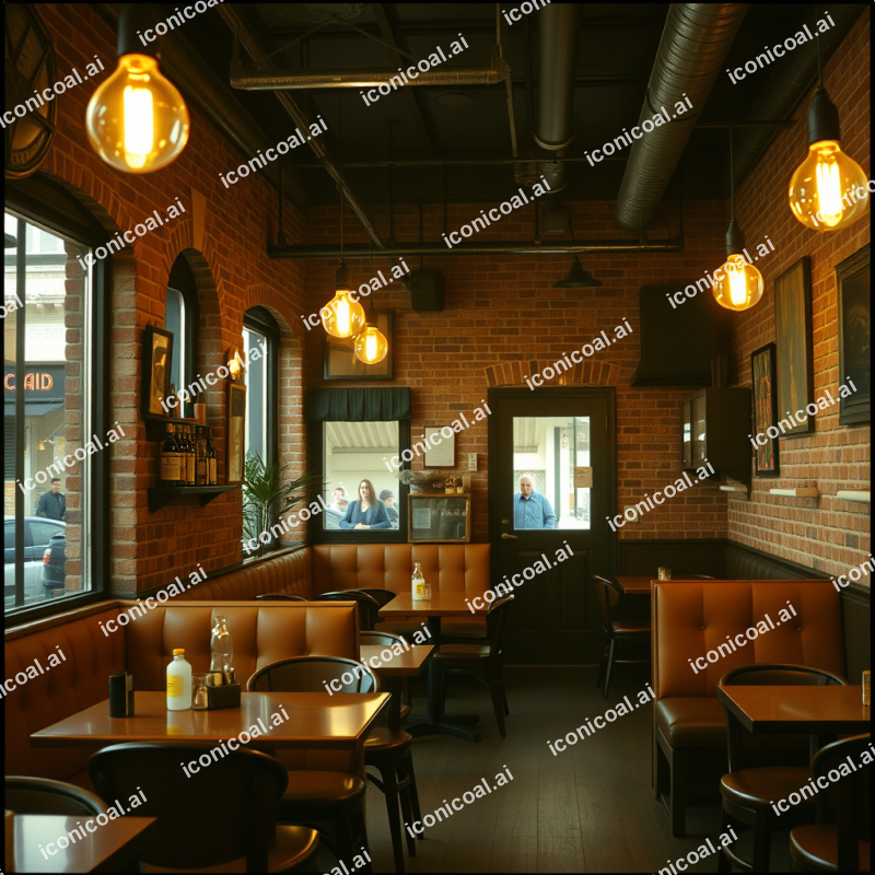 Cozy Cafe Interior With Exposed Brick And Warm Edison Lig...