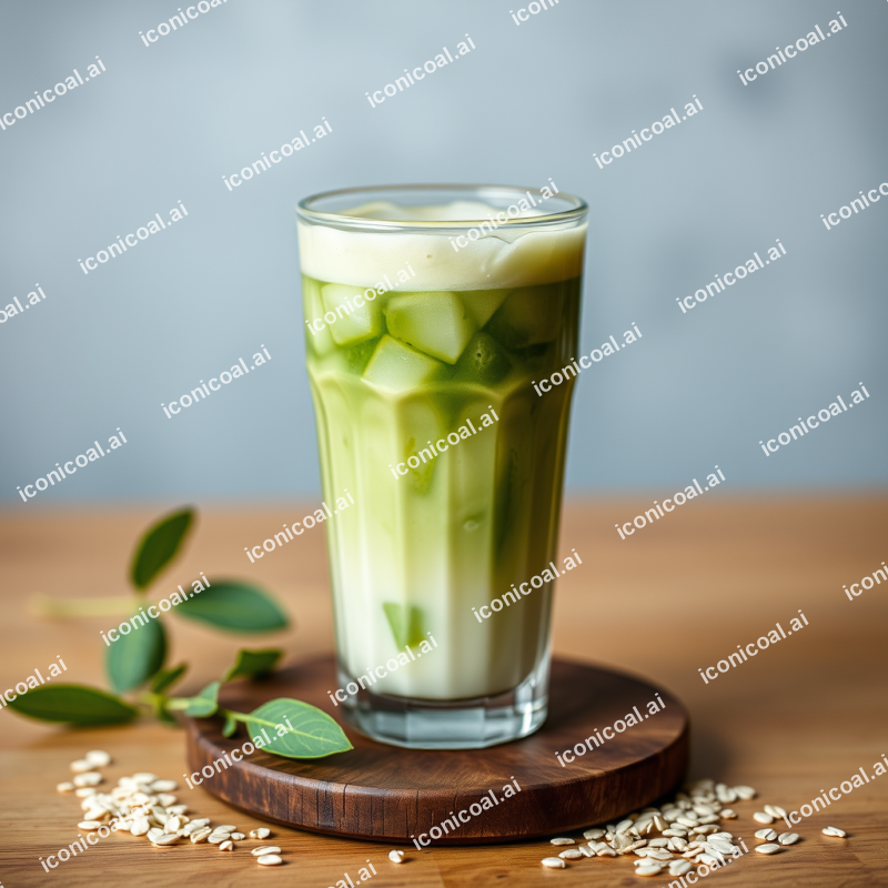 Iced Matcha Latte In Glass With Oat Milk Refreshing