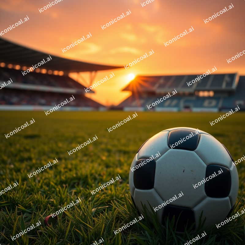 Soccer Ball On Grass Field With Stadium Sunset