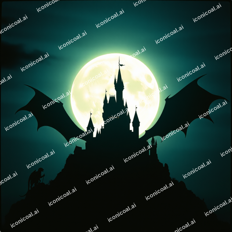 Dragon Silhouette Against Full Moon Castle Fantasy Scene