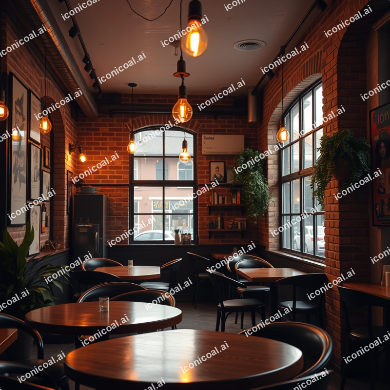 Cozy Cafe Interior With Exposed Brick And Warm Edison Lig...