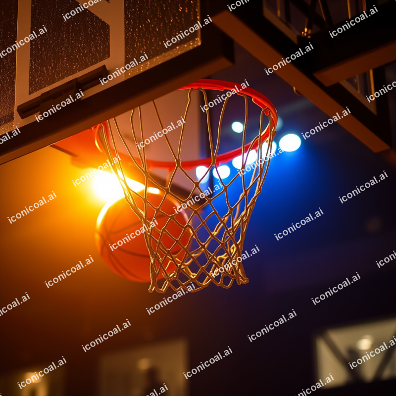 Basketball Going Through Hoop Net With Dramatic Backlight