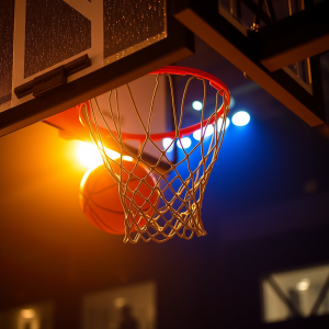 Basketball Going Through Hoop Net With Dramatic Backlight