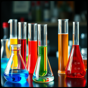 Chemistry Experiment With Colorful Liquids In Beakers