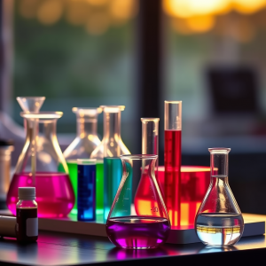 Chemistry Experiment With Colorful Liquids In Beakers