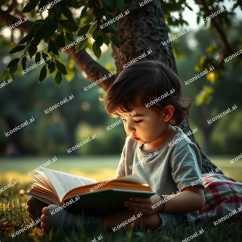Child Reading Book Under Tree Outdoor Learning Summer