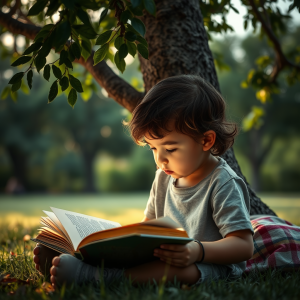 Child Reading Book Under Tree Outdoor Learning Summer