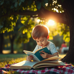 Child Reading Book Under Tree Outdoor Learning Summer