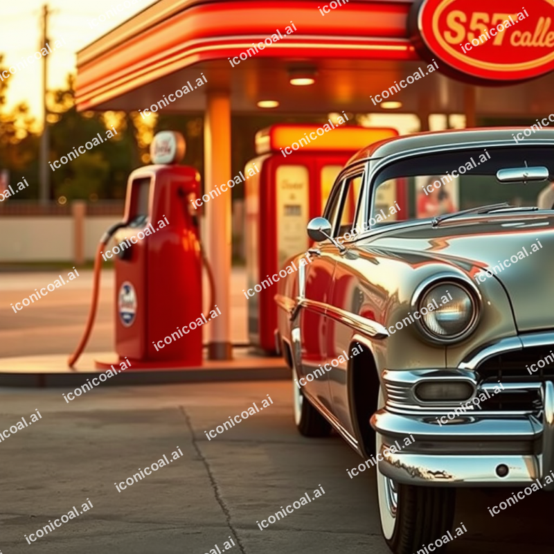 Classic Car At Gas Station 1950s Americana