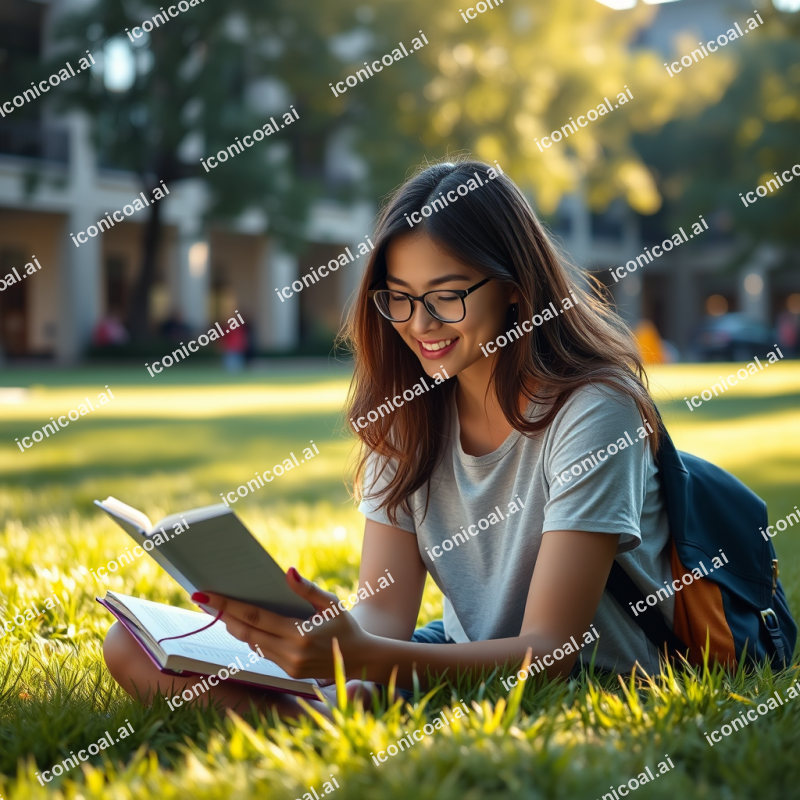 College Student In Campus Quad Studying On Grass