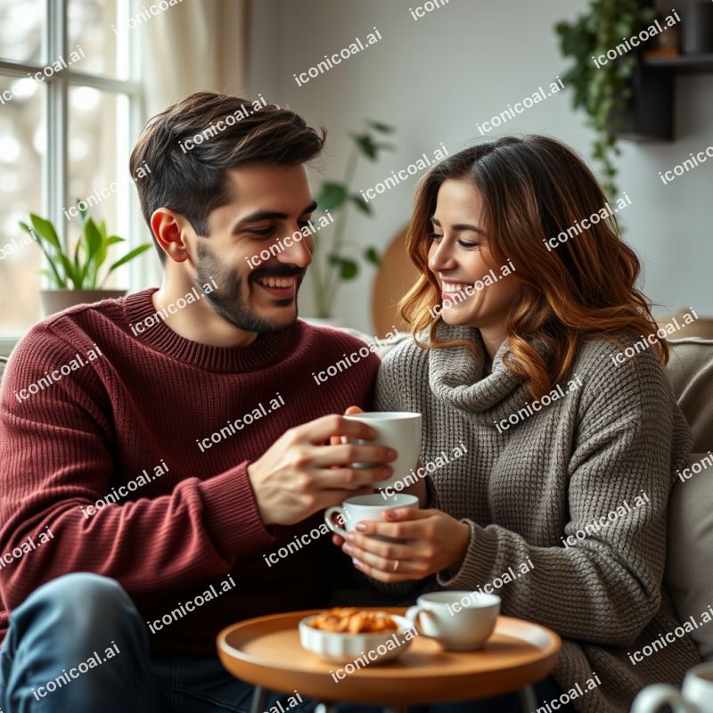 Couple Enjoying Morning Coffee Together Cozy Home Moment