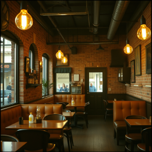 Cozy Cafe Interior With Exposed Brick And Warm Edison Lig...