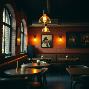Cozy Cafe Interior With Exposed Brick And Warm Edison Lig...