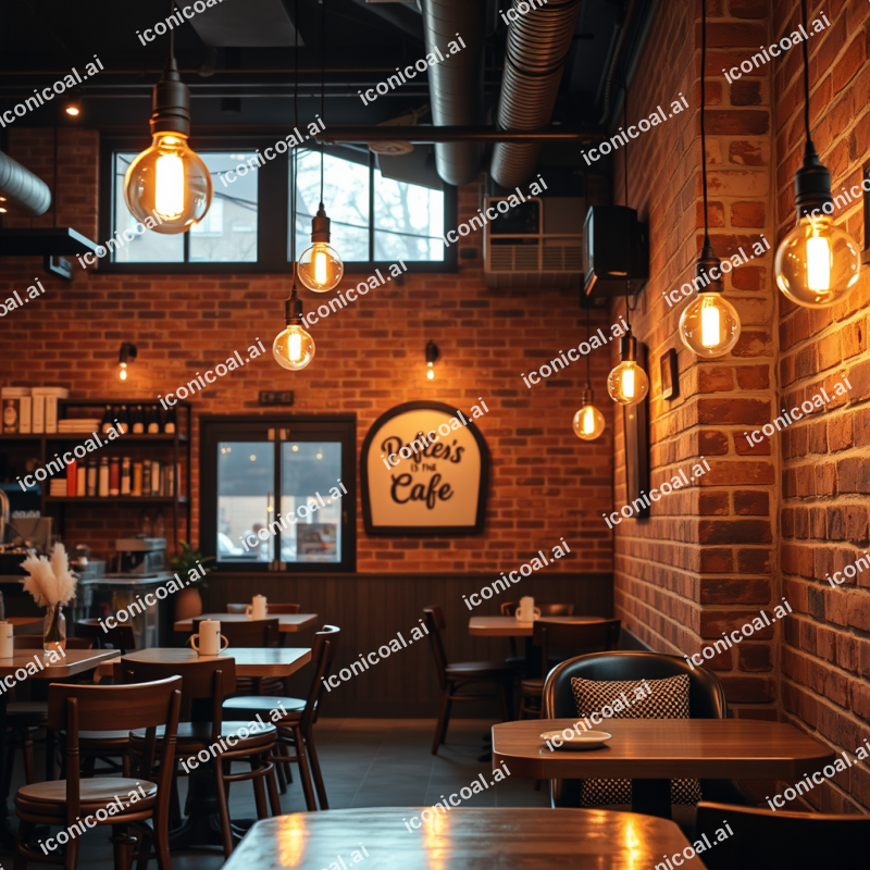 Cozy Cafe Interior With Exposed Brick And Warm Edison Lig...