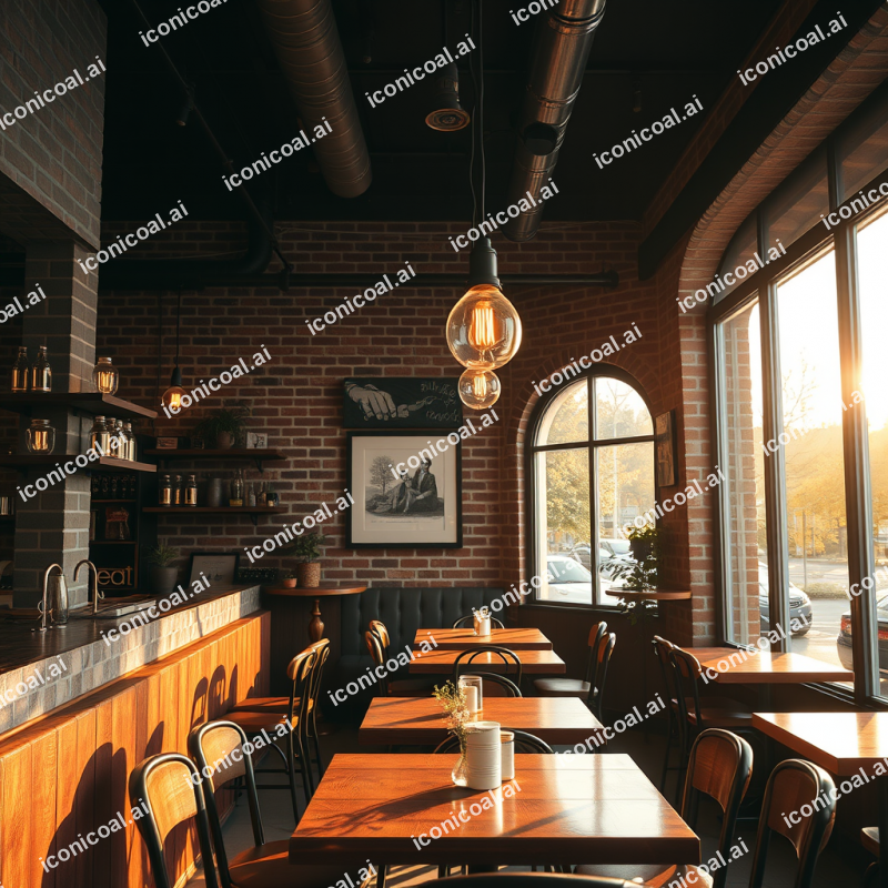 Cozy Cafe Interior With Exposed Brick And Warm Edison Lig...