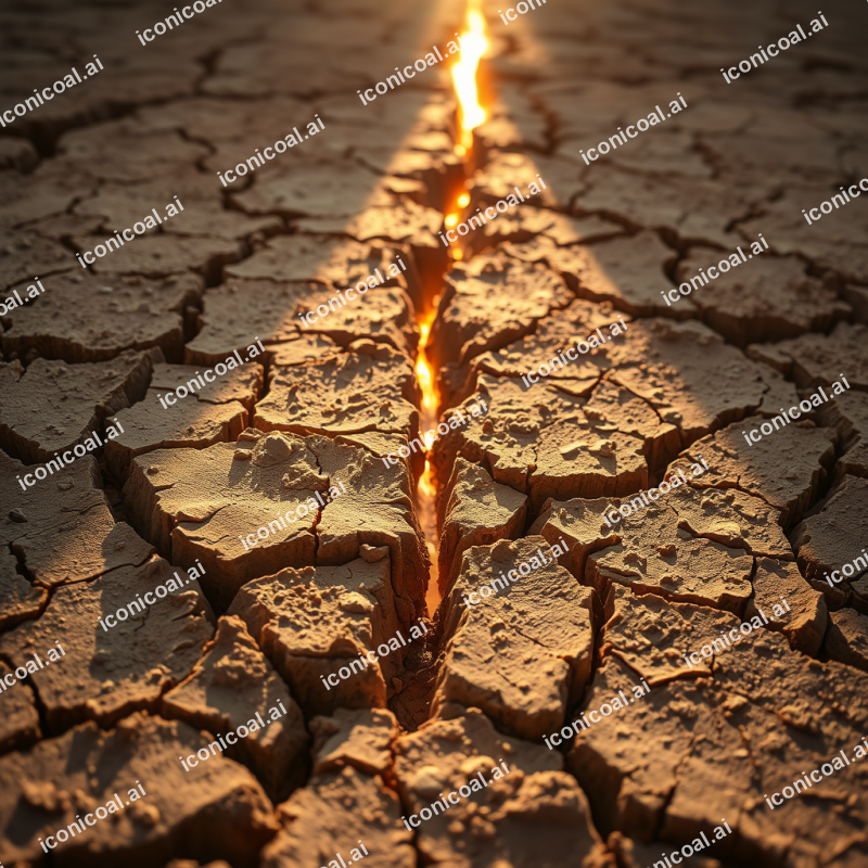 Cracked Desert Earth With Golden Light Seeping Through De...