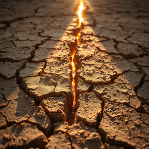 Cracked Desert Earth With Golden Light Seeping Through De...