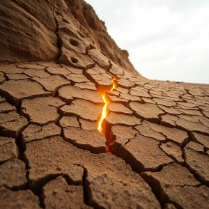 Cracked Desert Earth With Golden Light Seeping Through De...