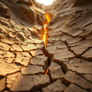 Cracked Desert Earth With Golden Light Seeping Through De...