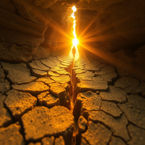 Cracked Desert Earth With Golden Light Seeping Through De...