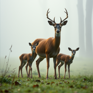 Deer Family In Morning Forest Mist