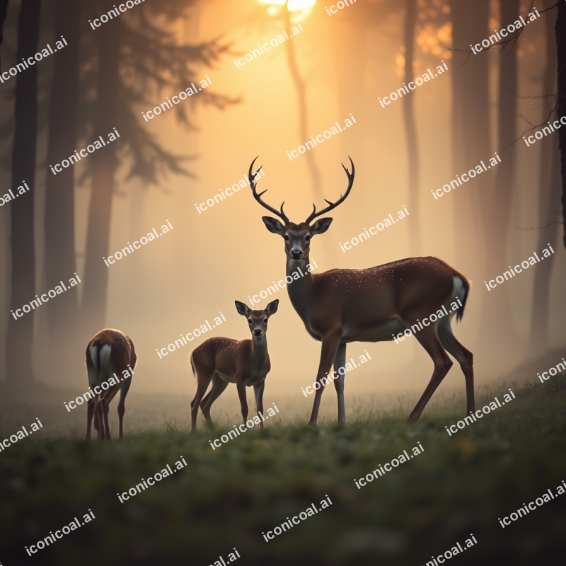 Deer Family In Morning Forest Mist