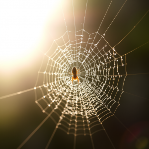 Dew-covered Spider Silk Catching Morning Sunlight