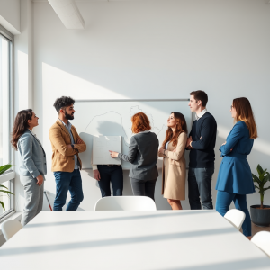Diverse Team Collaborating At Whiteboard In Modern Bright...