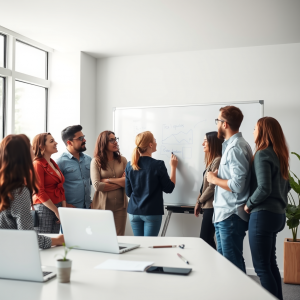 Diverse Team Collaborating At Whiteboard In Modern Bright...