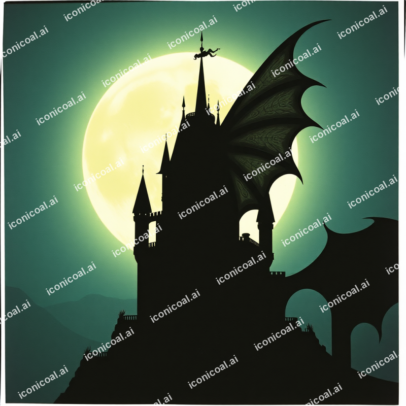 Dragon Silhouette Against Full Moon Castle Fantasy Scene