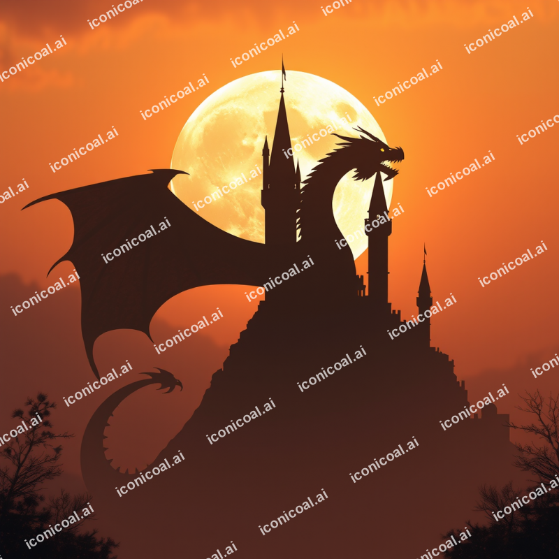 Dragon Silhouette Against Full Moon Castle Fantasy Scene