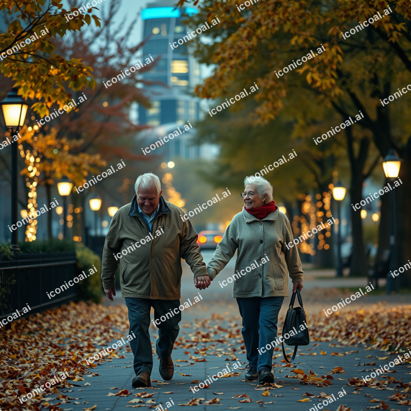 Elderly Couple Walking Hand In Hand Park Autumn Leaves