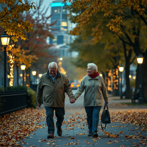 Elderly Couple Walking Hand In Hand Park Autumn Leaves