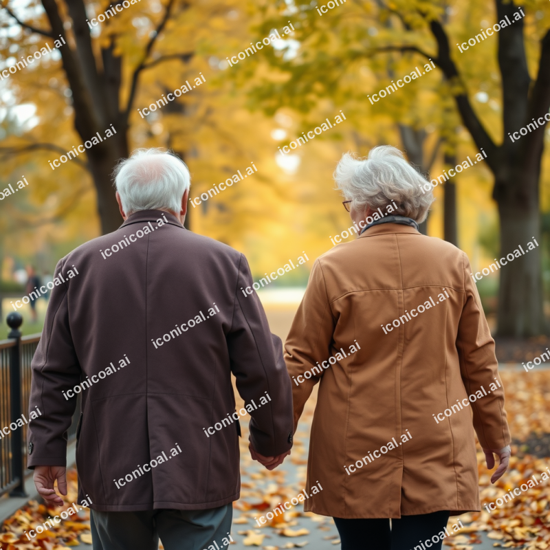 Elderly Couple Walking Hand In Hand Park Autumn Leaves