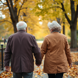 Elderly Couple Walking Hand In Hand Park Autumn Leaves