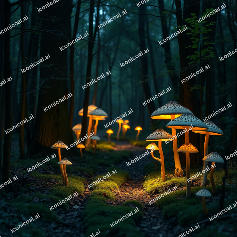 Enchanted Forest Path With Glowing Mushrooms Magical Atmo...