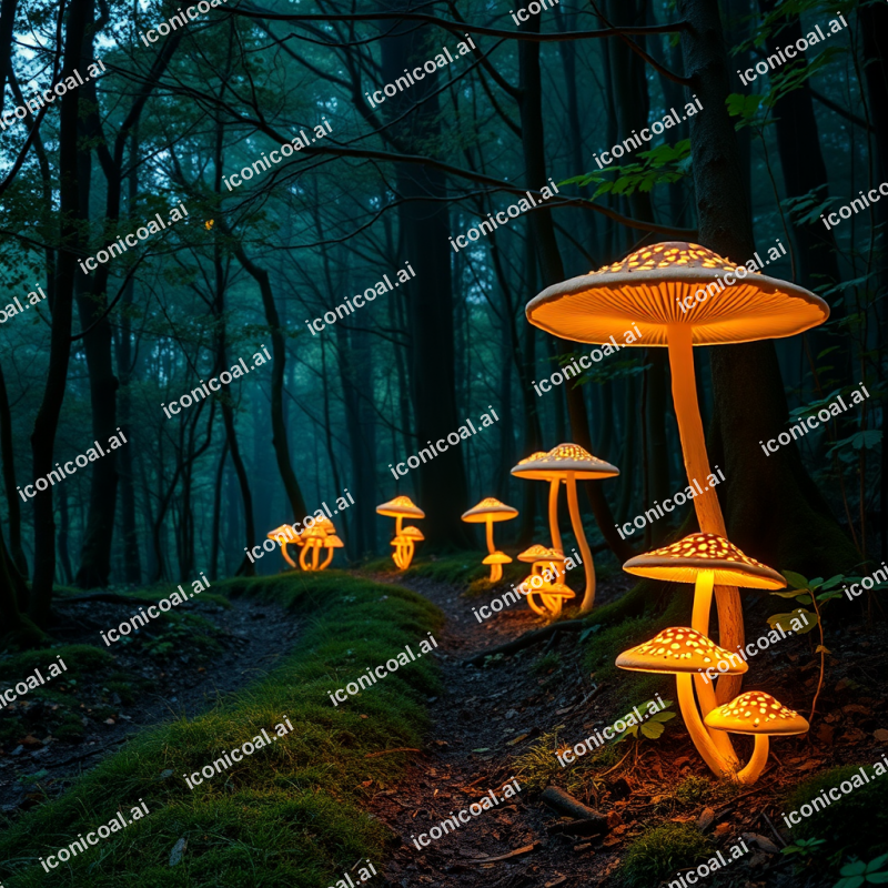 Enchanted Forest Path With Glowing Mushrooms Magical Atmo...