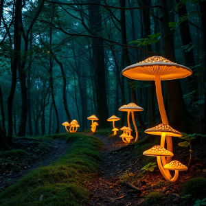 Enchanted Forest Path With Glowing Mushrooms Magical Atmo...