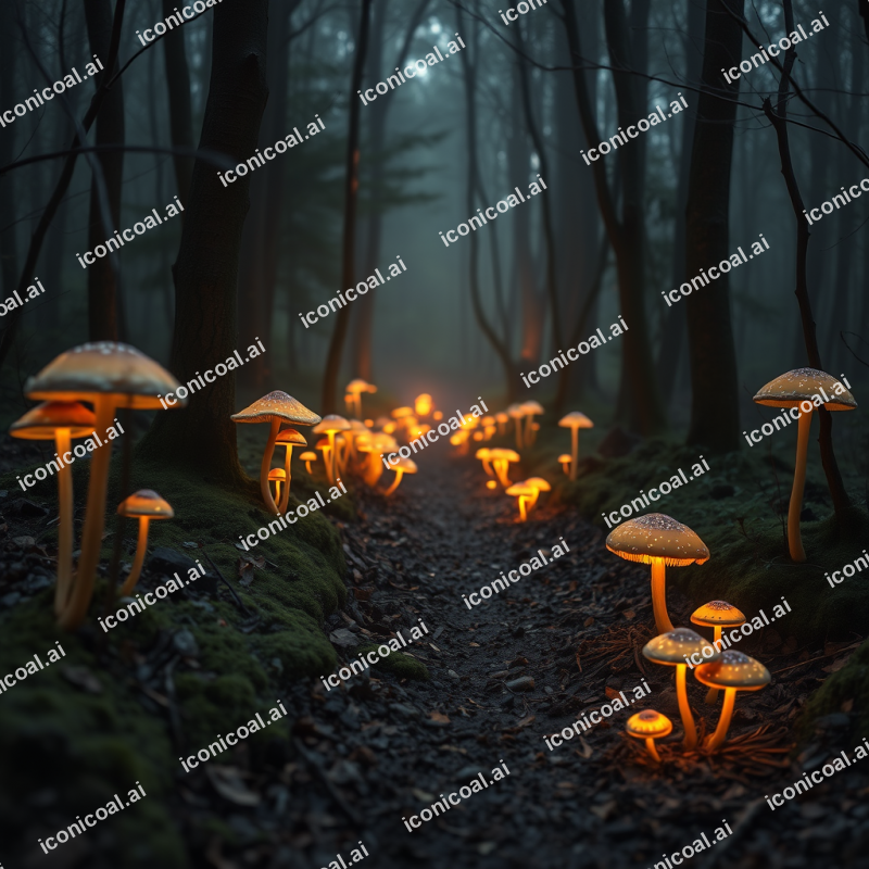 Enchanted Forest Path With Glowing Mushrooms Magical Atmo...