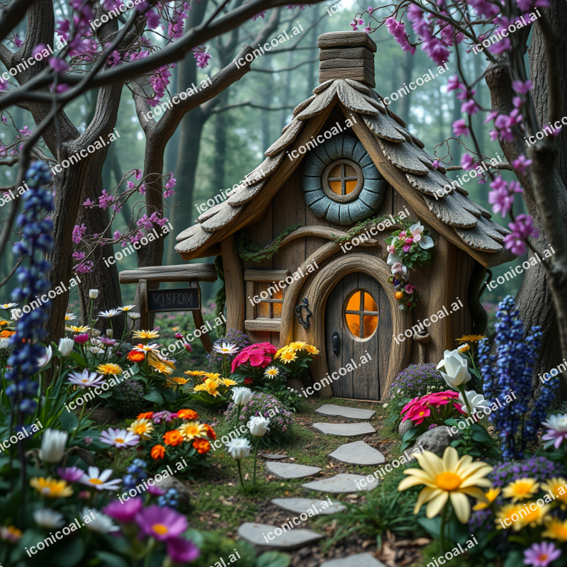 Fairy Cottage In Mystical Woodland With Flowers Whimsical