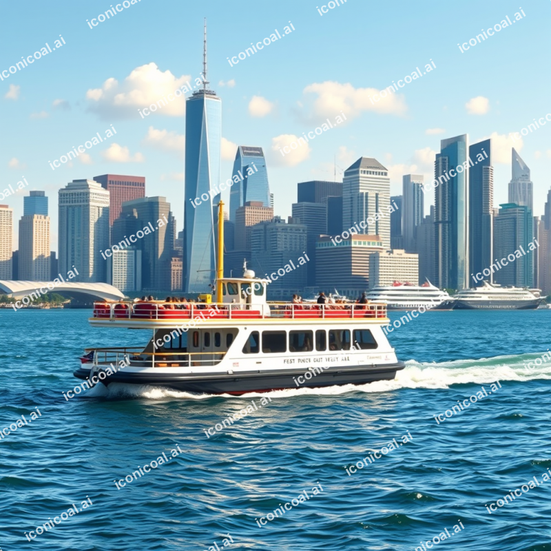 Ferry Boat Crossing Harbor City Skyline Background