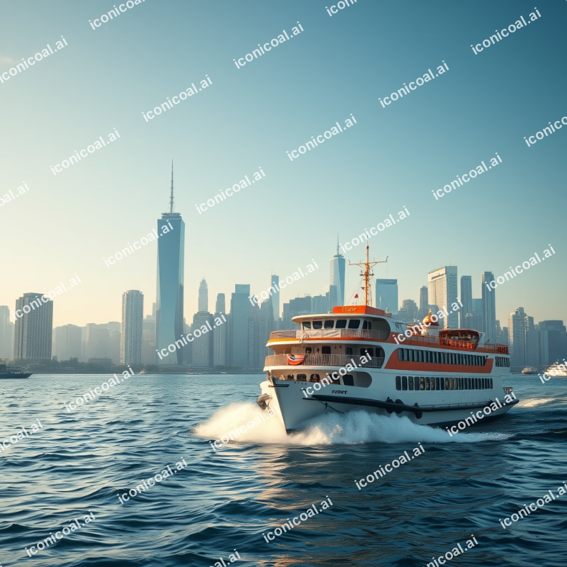 Ferry Boat Crossing Harbor City Skyline Background