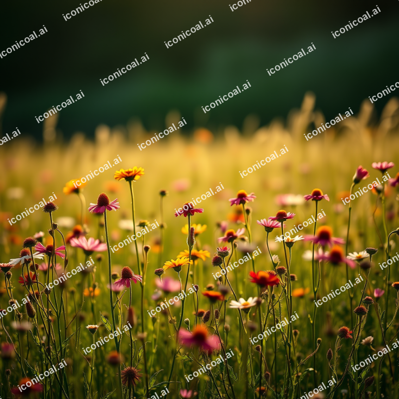 Field Of Wildflowers Swaying In Gentle Breeze Summer