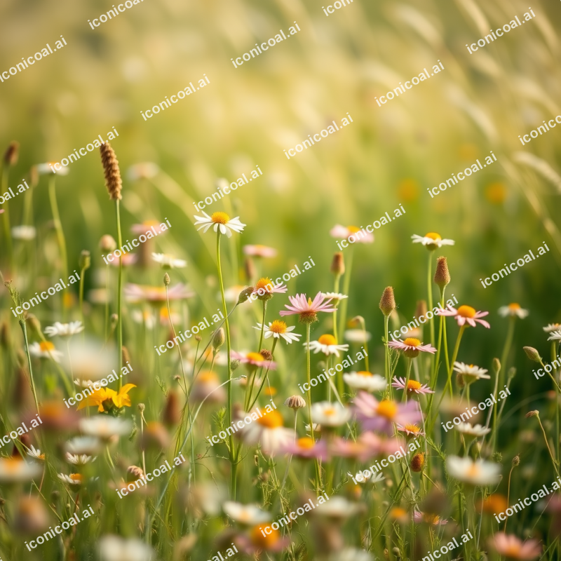 Field Of Wildflowers Swaying In Gentle Breeze Summer