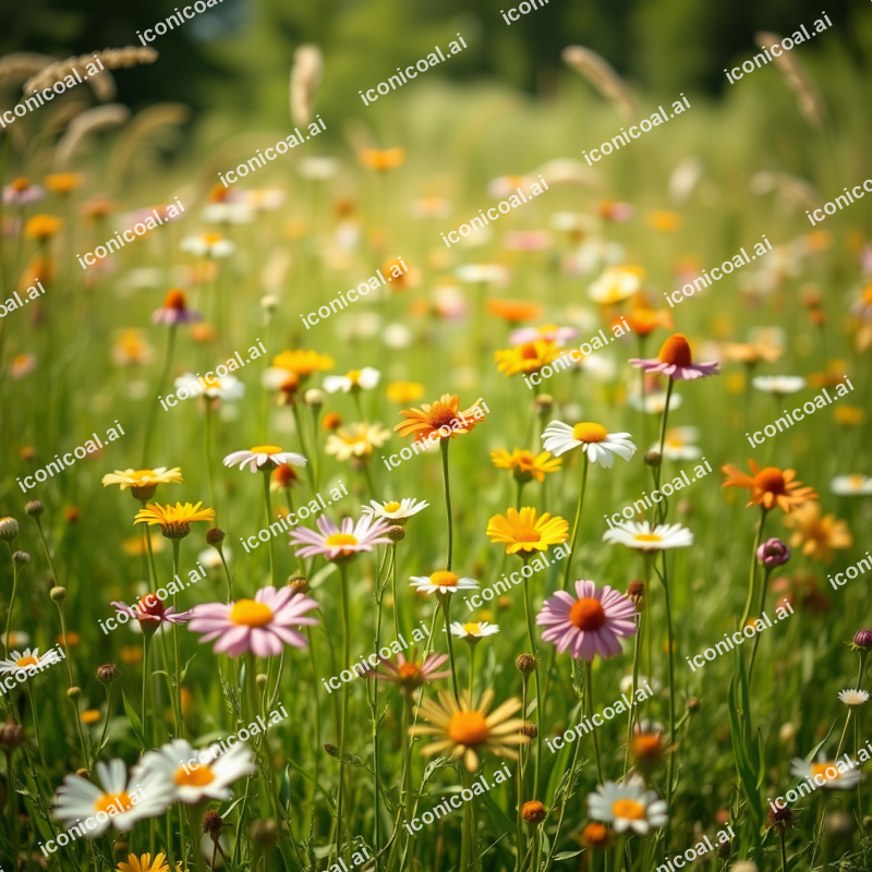 Field Of Wildflowers Swaying In Gentle Breeze Summer