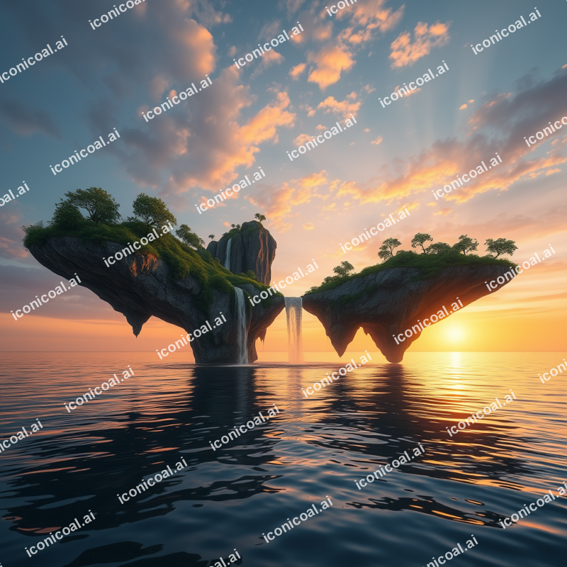 Floating Islands with Waterfalls at Sunset