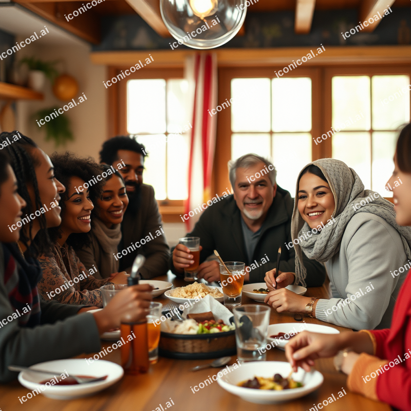 Friends Of Different Backgrounds Sharing Meal Diverse Com...