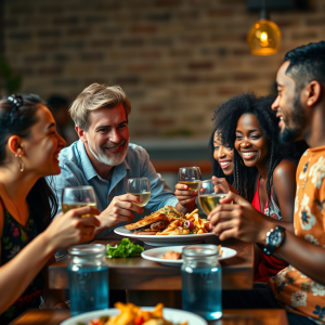 Friends Of Different Backgrounds Sharing Meal Diverse Com...