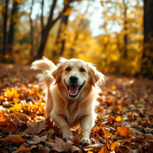 Golden Retriever Playing In Autumn Leaves
